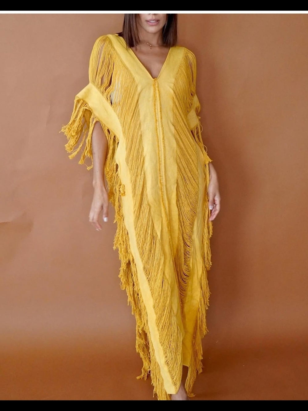 Silkatique Mustard Bohemian Fringe V-Neck Swim Coverup Maxi Size O/S